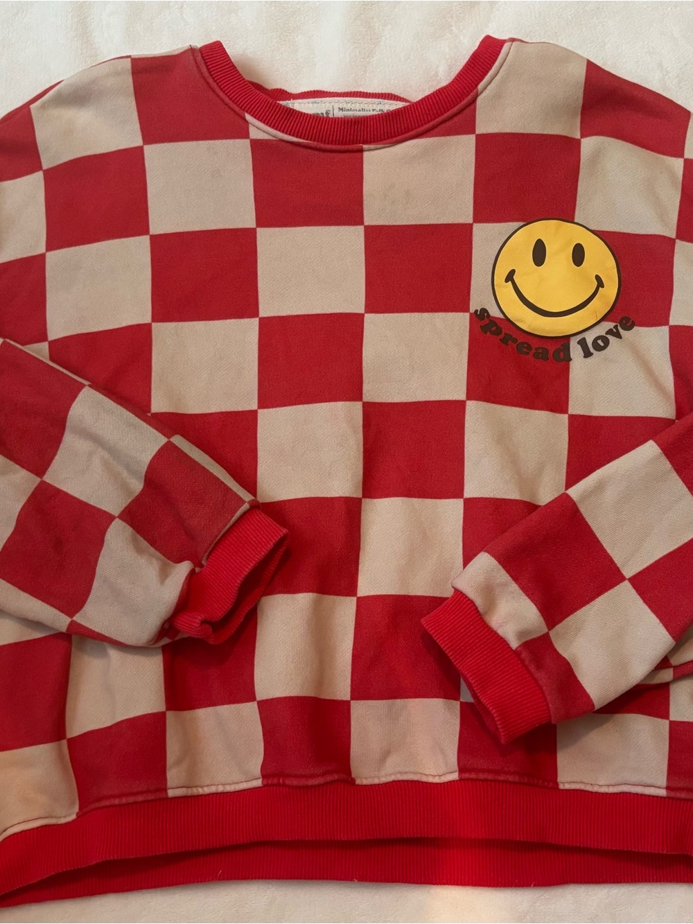 Kids Red & Cream Checkerboard Sweatshirt with Yellow Smiley